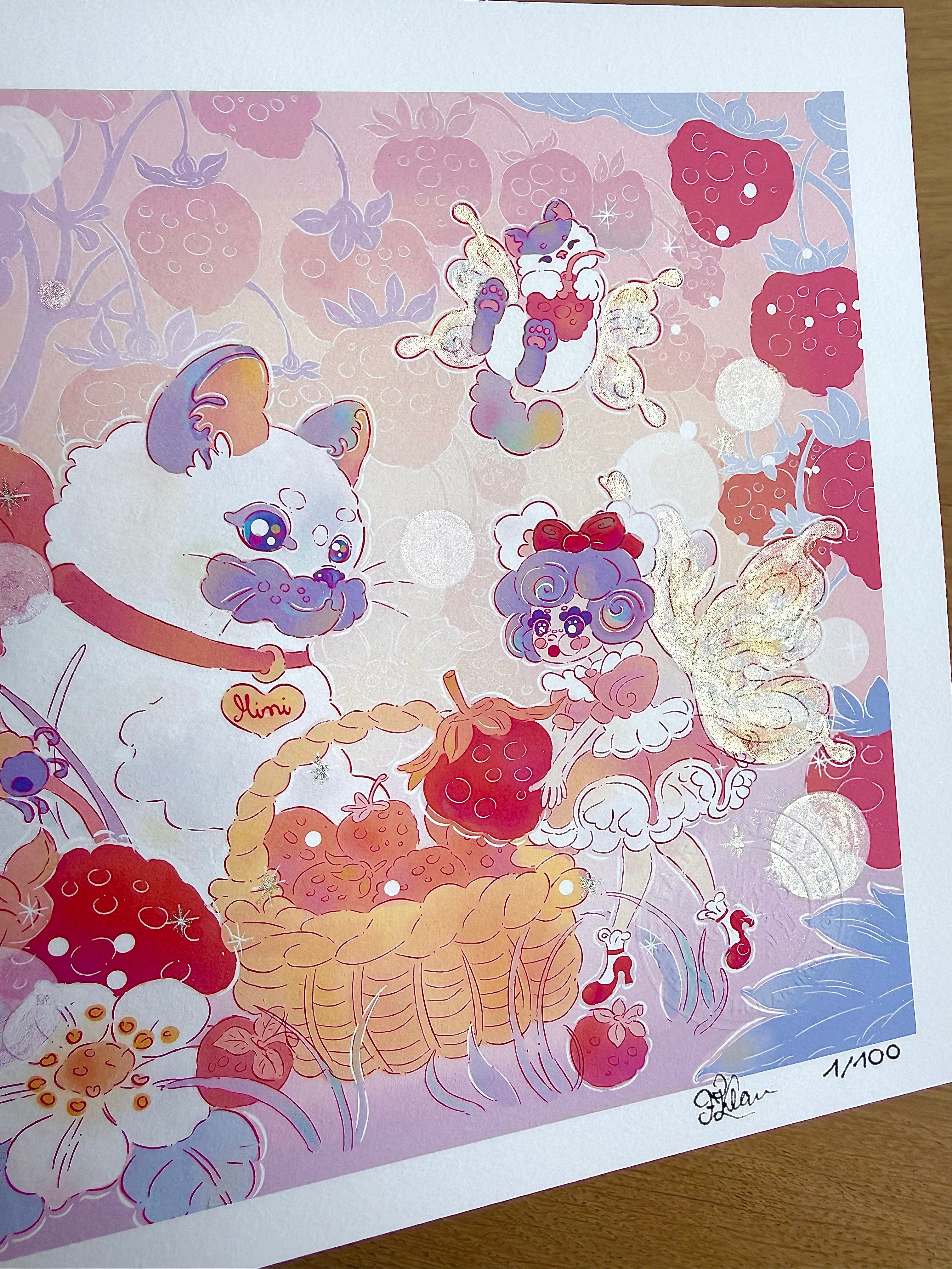 Strawberry Picking — Fine Art Print | Signed Giclée with Hand-Painted Glitter Detail